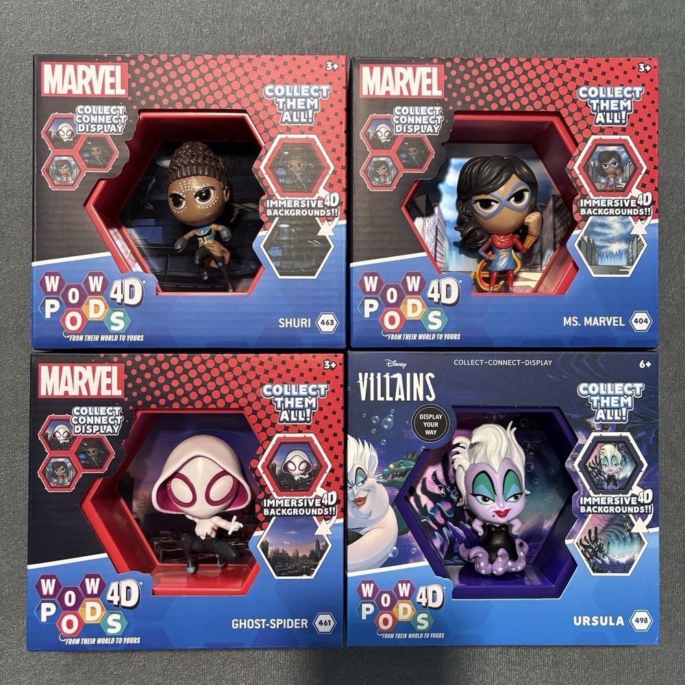 Marvel Disney WOW PODS 4D - Lot Of 4 SHURI , Ghost-Spider , Ms Marvel & Ursula